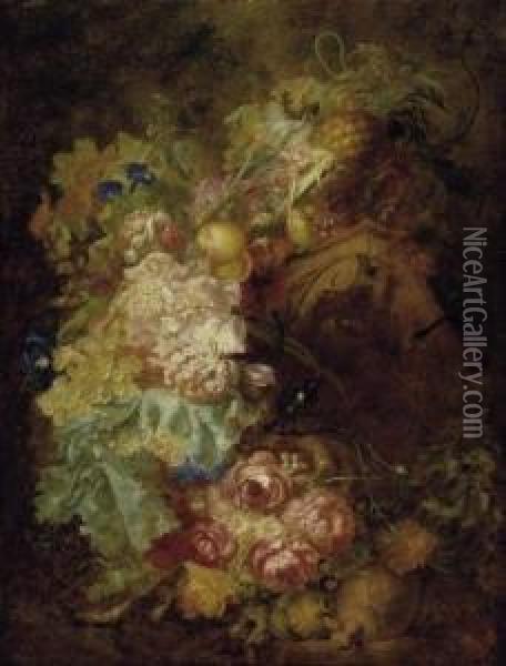 Large Still Life With Roses, 
Grapes And Apples And An Ancient Capital. Also A Singing Little Bird By 
His Nest And A Viper. Oil On Canvas. Relined. 28 X 97cm. Oil Painting - Tobias van Haecht (see Verhaecht)