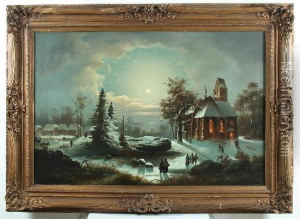 Christmette In Winterlichem Mondschein Oil Painting - A. Kreutzer