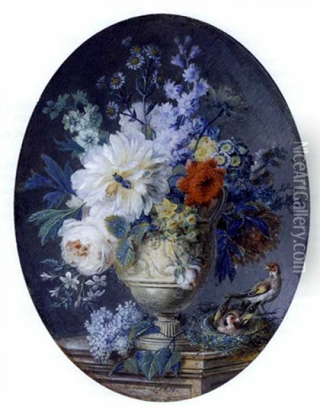 A Still Life Of Flowers In A Stone Vase Sculpted With Amorini On A Stone Ledge Including A Peony, Anemones, Old Roses, Auriculae, Chrysanthemums, Daisies, Larkspur And Acanthus Leaves, Two Goldfinches Oil Painting - Willem van Leen