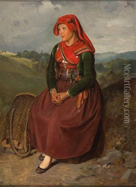 Sitzende Frau In Tracht Vor Hugeliger Landschaft Oil Painting - Kaspar Kaltenmoser