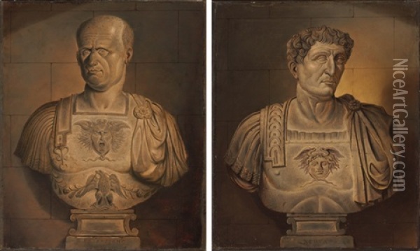 Bust Of Vespasian (+ Bust Of Nero; Pair) Oil Painting - Sir James Thornhill