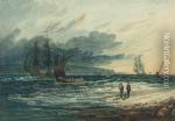 Shipping Off The Coast, Evening Oil Painting - Samuel Prout