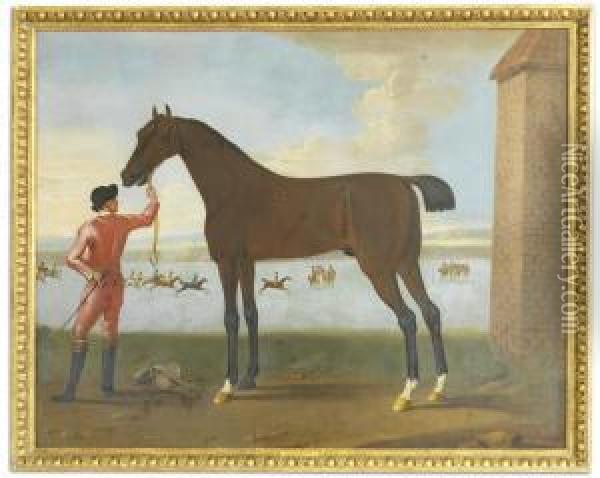 Mr. E. Coke's Hobgoblin Being Held By A Groom On Newmarket Heath Oil Painting - J. Francis Sartorius