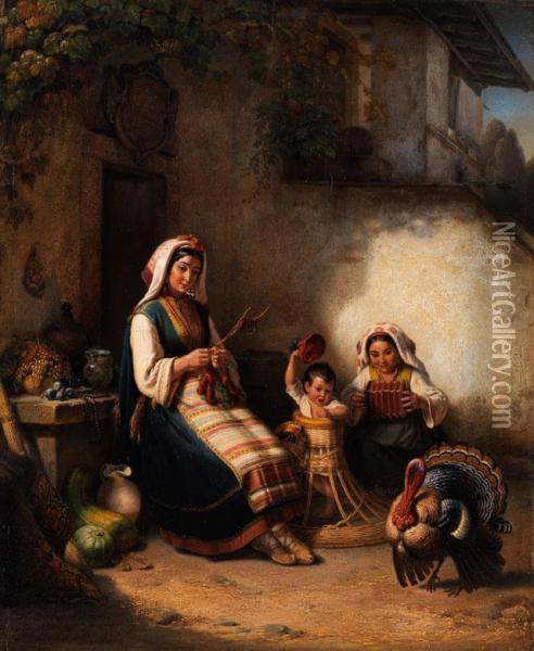 Familienszene Aus Istrien Oil Painting - Kaspar Kaltenmoser