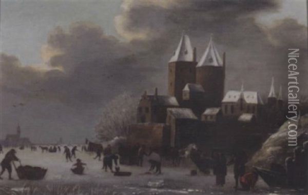 A Winter Landscape With Peasants Skating On A Frozen River Before A Castle Oil Painting - Nicolaes Molenaer