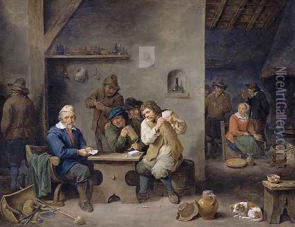 Figures Gambling in a Tavern 1670 Oil Painting - David The Younger Teniers