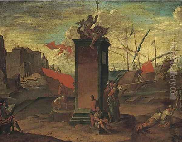 A Mediterranean harbour with a statue of Neptune being sketched by an artist, a Maltese ship moored beyond Oil Painting - Agostino Tassi
