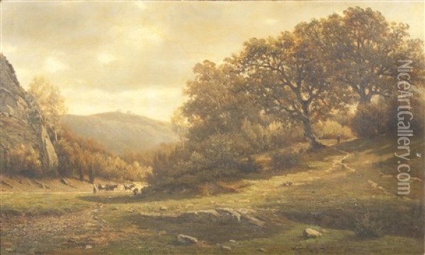 An Extensive Wooded Landscape With A Figure And Cattle On A Path Oil Painting - Felix de Baerdemaeker