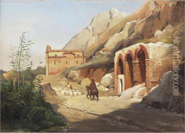 Berger Sur Un Chemin En Sicile Oil Painting - Jean-Charles Joseph Remond