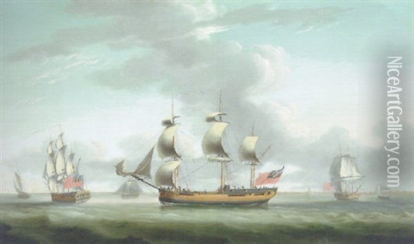 Three Views Of A British Merchantman Oil Painting - Robert Dodd