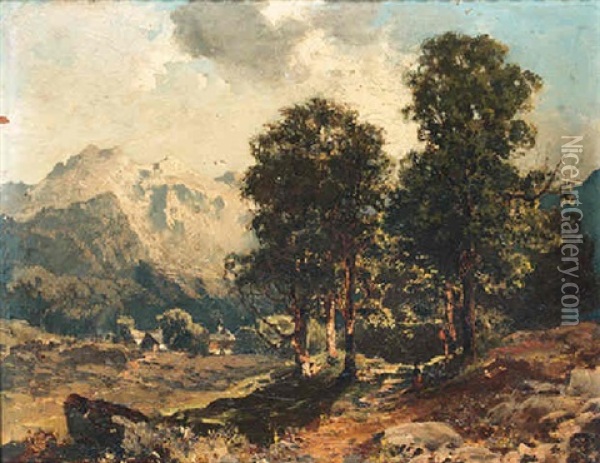 A Mountainous Landscape With A Traveller On A Path Oil Painting - August Fink