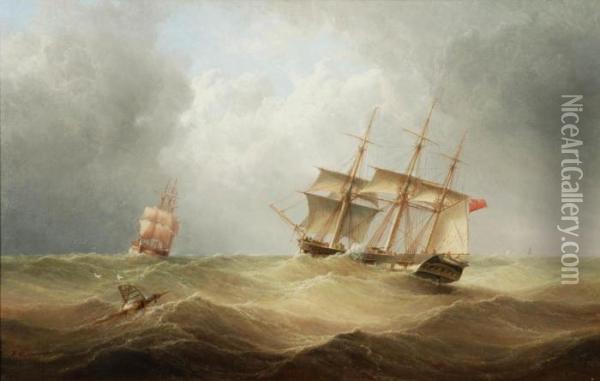 Britishships On Stormy Seas Oil Painting - Henry Redmore