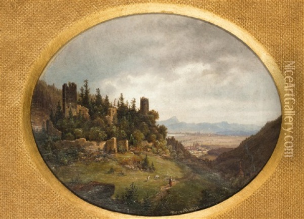 Burgruine Osek (ossegg) Mit Blick Auf Kloster Ossegg Oil Painting - Ernst Gustav Doerell