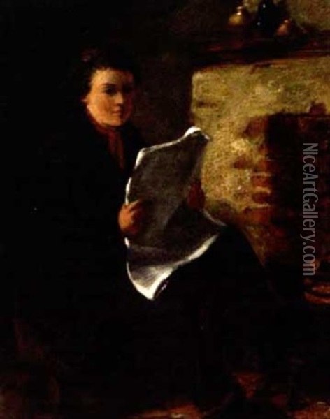 Reading By The Fire Oil Painting - Edward Charles Barnes