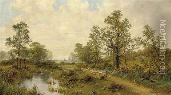 A Shepherd With His Flock By A Pond Oil Painting - Octavius Thomas Clark