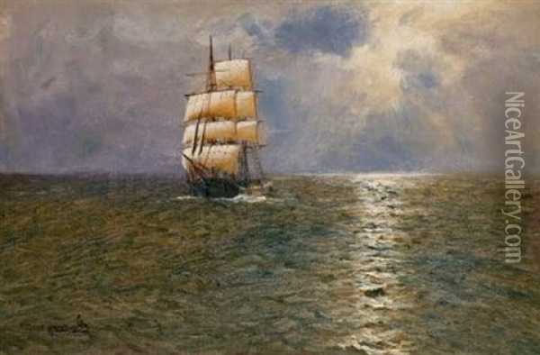 Bark In Abendlich Ruhiger See Oil Painting - Alfred Serenius Jensen