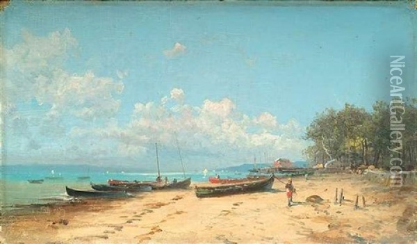 Heimkehrende Fischerboote Am Strand Im Licht Der Morgensonne Oil Painting - Emile Godchaux