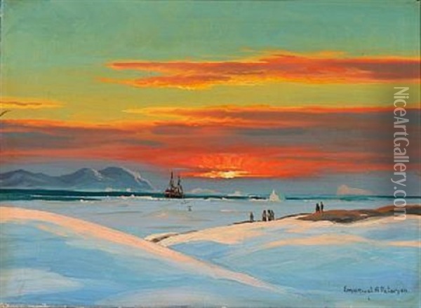 View From Greenland At Sunset Oil Painting - Emanuel A. Petersen