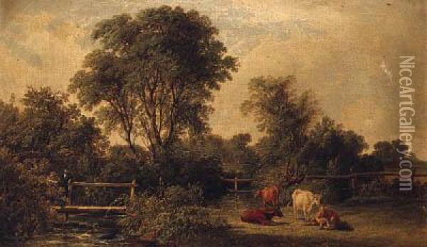 A Wooded River Landscape, With A Gentleman On A Footbridge Andcattle In The Foreground Oil Painting - John F Tennant