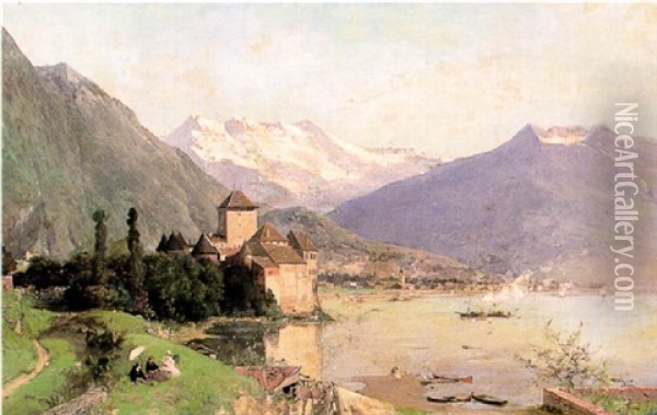Vue Du Chateau De Chillon (suisse) Oil Painting - Luigi Loir