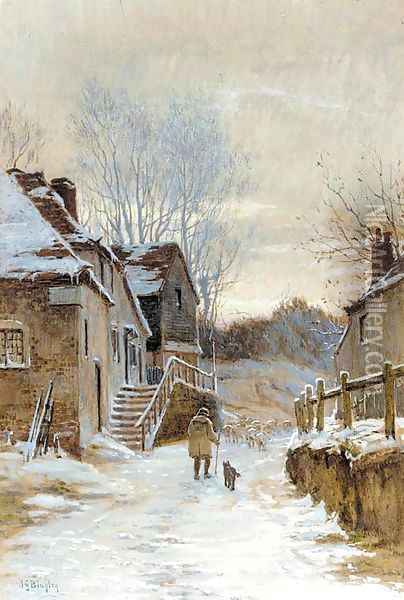 A shepherd and sheep on a country lane in a winter landscape Oil Painting - James George Bingley