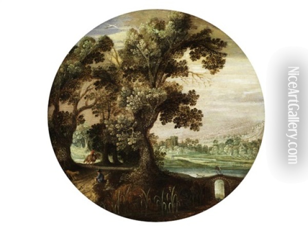 Landschaft Mit Eichenbaumen, Hausern In Der Ferne Und Staffagefiguren Am Flussufer Oil Painting - Marten Ryckaert