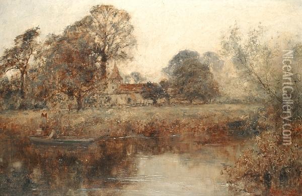 A River Landscape, A Country Church Beyond Oil Painting - Henry John Yeend King