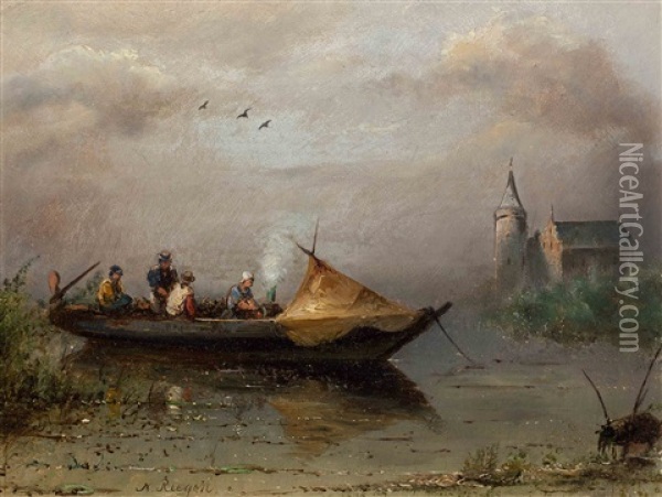Fishing Boat At Anchor In The Morning Mist Oil Painting - Nicolaas Riegen