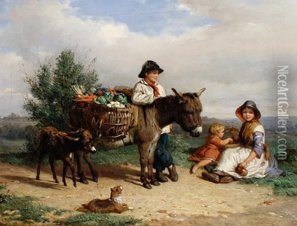 A Pause On The Way To Market Oil Painting - J.O. Banks