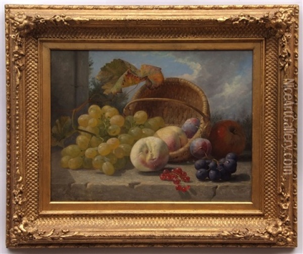 Still Life Study Of Mixed Fruit In A Basket On A Marble Ledge Oil Painting - Eloise Harriet Stannard