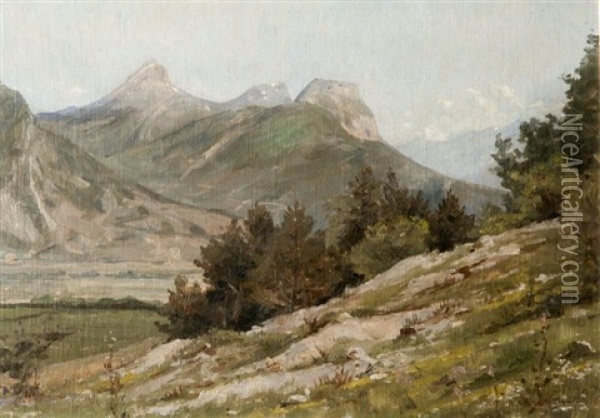 Vue Sur Les Montagnes De Chartreuse. Le Saint-eynard, La Dent De Crolles, Chamechaude. Oil Painting - Jean-Celestin-Tancrede Bastet