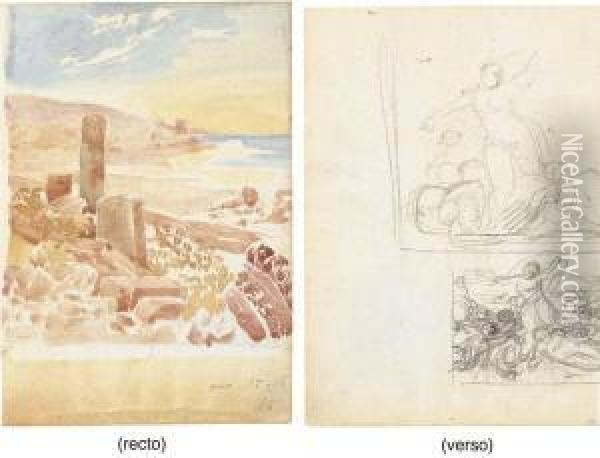 Ruins By The Sea (recto); Study For La Grece Sur Les Ruines Demissolonghi Oil Painting - Eugene Delacroix