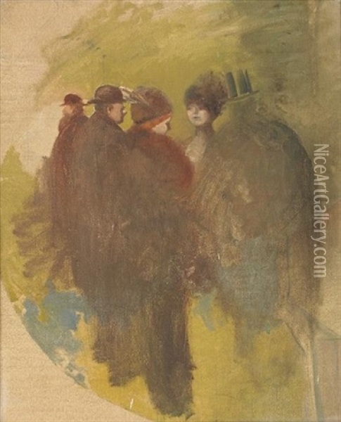 Fashionable Ladies And Gentlemen On A Promenade Talking Oil Painting - Jean-Louis Forain