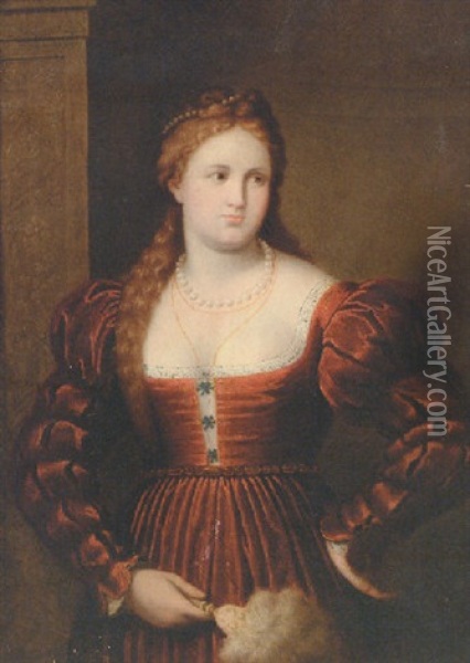 Portrait Of A Lady, Formerly Identified As Violante Della Vecchia, In A Red Dress Holding A Fan Oil Painting - Paris Bordone