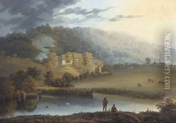 Anglers in an extensive landscape Oil Painting - William Alfred Delamotte