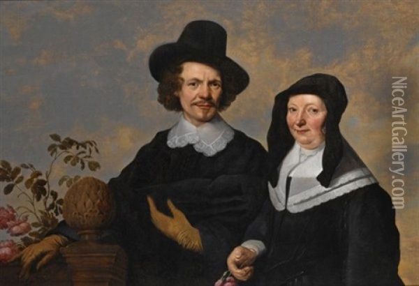 A Portrait Of A Gentleman, Bust Length, Wearing A Black Suit With A White Lace Collar And A Black Hat, Together With His Wife, Bust Length, Wearing A Black Dress With A Whit Oil Painting - Jacob Frans van der Merck