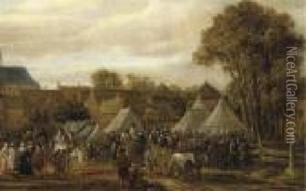 A Horse Fair, Said To Be 
Valkenburg, With Figures In Wagons And On Horseback By Booths Outside 
The Town Walls Oil Painting - Cornelis Beelt