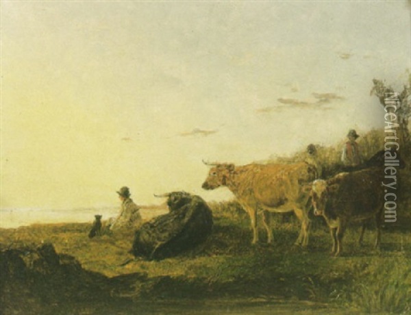 A Landscape At Dawn With Figures And Cattle Resting In The Foreground Oil Painting - John Dearman