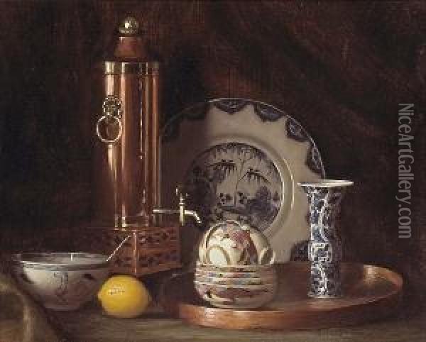 A Still Life Including Blue And White China And A Samovar Oil Painting - Gerard L. Steenks
