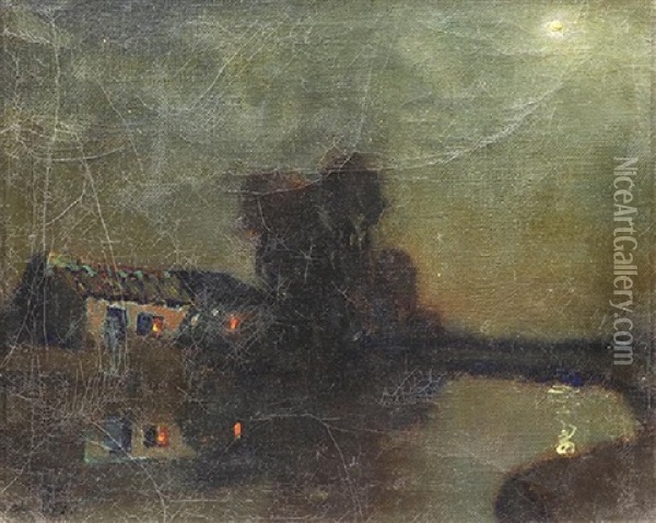 Nocturnal Scene With Adobe Under A Full Moon Oil Painting - Charles Rollo Peters