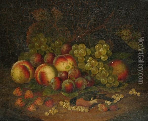 Still Life Of Bird, Fruit And Vine Leaves On A Ledge Oil Painting - William Jones
