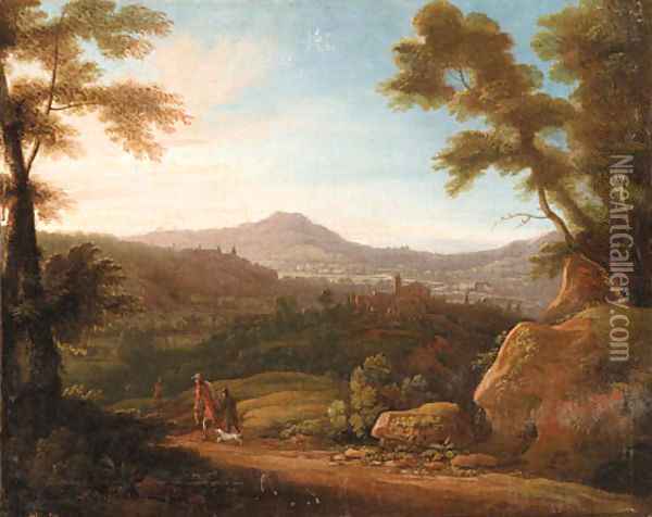 Italianate Landscapes with Hunters at Sunrise and Sunset Oil Painting - Jacques d' Arthois