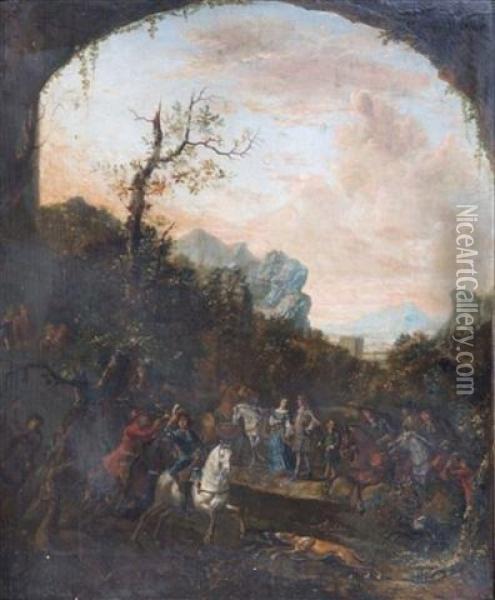 Landscape With Stag Hunt Oil Painting - Adam Frans van der Meulen