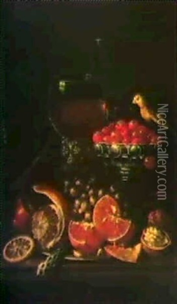 Ein Stilleben Mit Orangen, Weintrauben Ind Einem Kanarien-  Vogel. Oil Painting - Johann Baptist Halszel