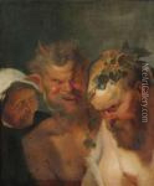 Silen With A Satyr And An Old Woman. Oil Painting - Peter Paul Rubens