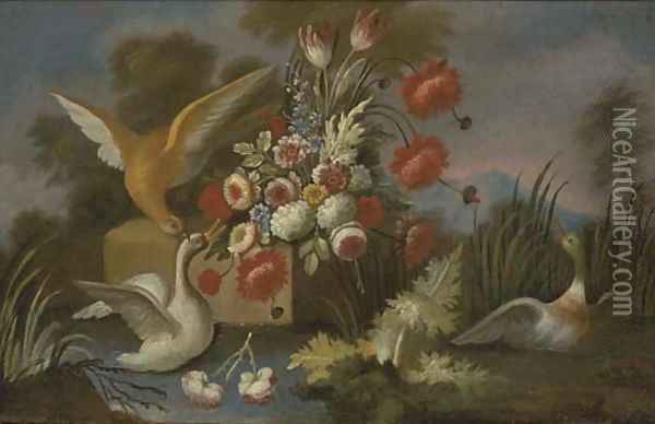Waterfowl with roses, parrot tulips, chrysanthemums and other flowers on a ledge by a river Oil Painting - Nicola Casissa