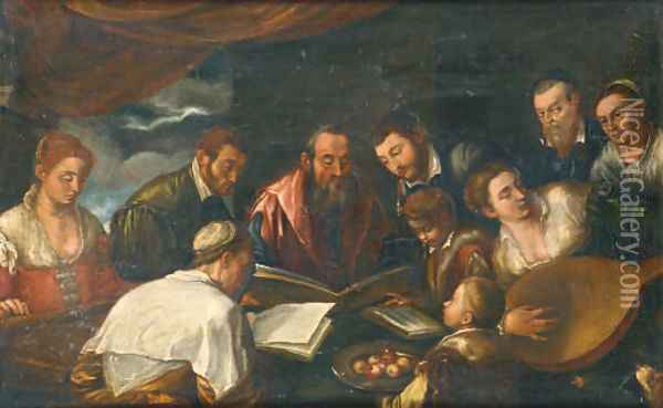 A musical company in an interior Oil Painting - Jacopo Bassano (Jacopo da Ponte)
