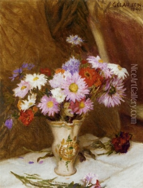 Still Life With Michaelmas Daisies And Cornflowers In A Jug On A White Cloth Draped Table Oil Painting - Sir George Clausen