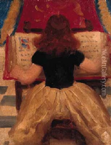 Young Girl Reading A Manuscript Oil Painting - Thomas Cooper Gotch