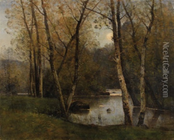 River Landscape With Birch Trees Oil Painting - Louis Aime Japy